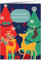 Customizable Christmas card, reindeer, Christmas trees, retro card