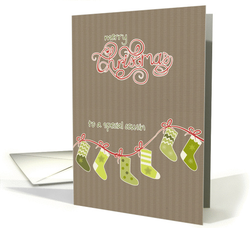 Merry Christmas to my cousin, stockings, kraft paper effect card