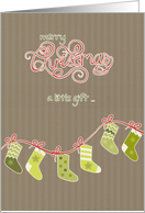 Merry Christmas, money enclosed, stockings, kraft paper effect card