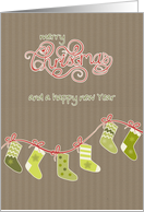 Merry Christmas and a happy new year, stockings, kraft paper effect card