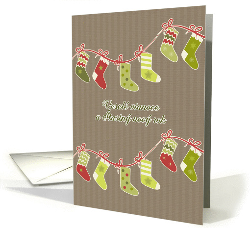 Merry Christmas in Slovak, stockings, kraft paper effect card