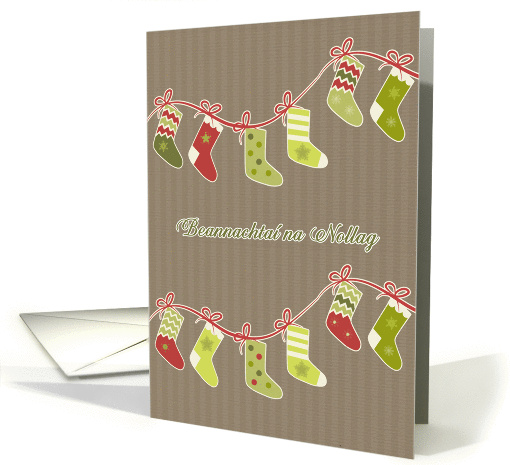 Merry Christmas in Irish Gaelic, stockings, kraft paper effect card