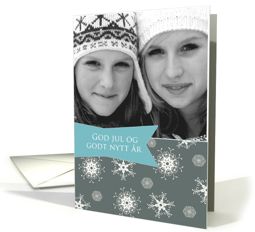 Merry Christmas in Norwegian, Customizable photo card, snowflakes card