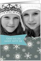 Merry Christmas in Norwegian, Customizable photo card, snowflakes card