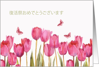 Happy Easter in Japanese, tulips, butterflies card