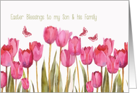 Easter Blessings to my son and his family, scripture, pink tulips card