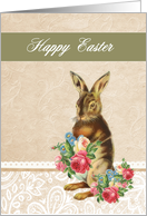 Happy Easter, sweet vintage bunny offering flowers card