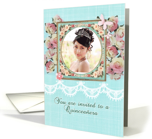 Quinceaera invitation, photo card, pink roses, lace effect card