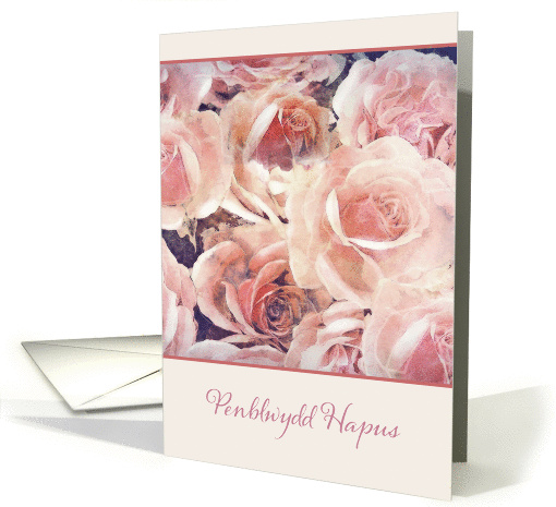 Happy Birthday in Welsh, pink and cream roses card (1240470)