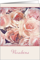 Happy Birthday in Portuguese, pink and cream roses card