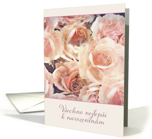 Happy Birthday in Czech, cream and pink roses card (1243986)