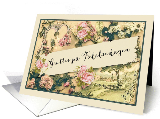 Happy Birthday in Swedish, nostalgic vintage roses card (1255376)