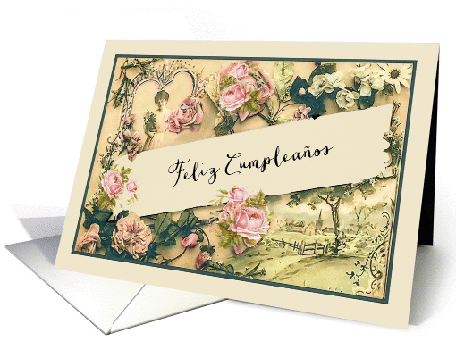 Happy Birthday in Spanish, nostalgic vintage roses card (1255410)