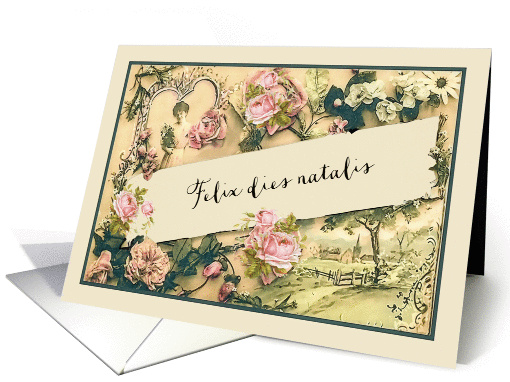 Happy Birthday in Latin, nostalgic vintage roses card (1257122)