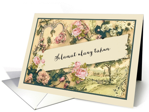 Happy Birthday in Indonesian, nostalgic vintage roses card (1258430)