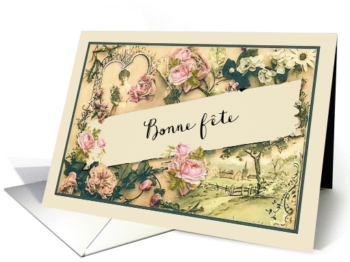 Happy Birthday in French Canadian, nostalgic vintage roses card