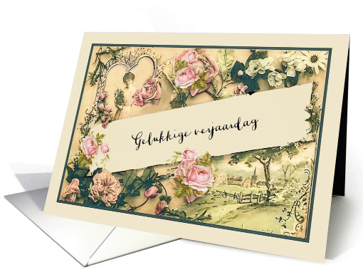 Happy Birthday in Flemish, nostalgic vintage roses card (1260016)