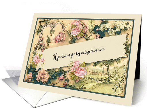 Happy Birthday in Finnish, nostalgic vintage roses card (1260028)
