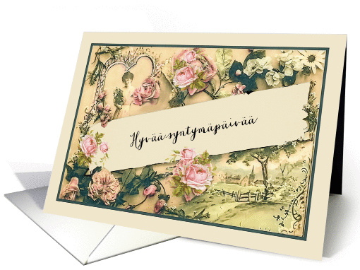 Happy Birthday in Finnish, nostalgic vintage roses card (1260028)