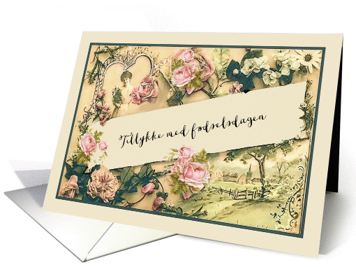 Happy Birthday in Danish, nostalgic vintage roses card (1260112)