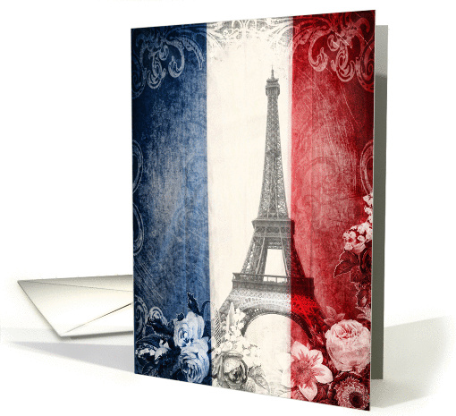 Blank note card, Eiffel tower Paris, french flag, vintage look card
