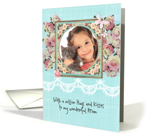 Happy Mother's Day, Photo card, teal, lace and roses card (1294052)