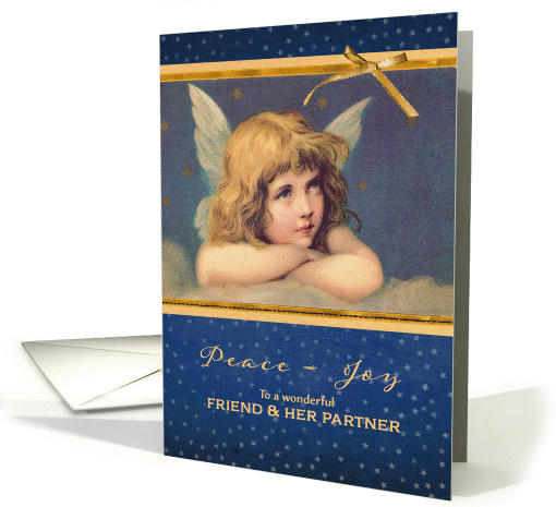 To my friend and her partner, Christmas card, vintage angel card