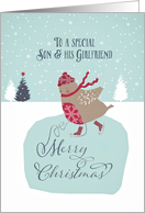 To my son and his girlfriend, Christmas card, skating robin card