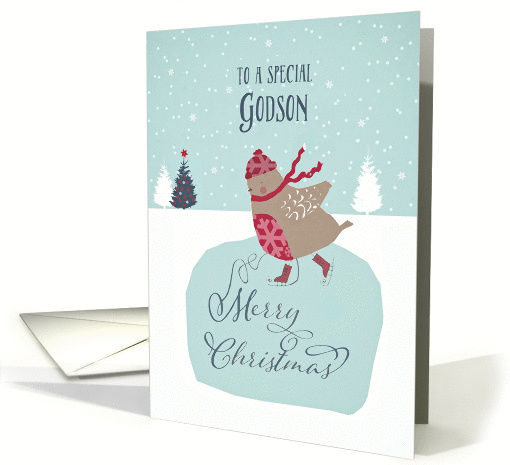 To my special godson, Christmas card, skating robin card (1312506)