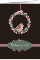 Merry Christmas in Romanian, robin and wreath, illustration card