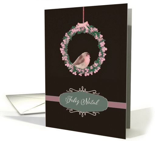 Merry Christmas in Portuguese, robin and wreath, illustration card