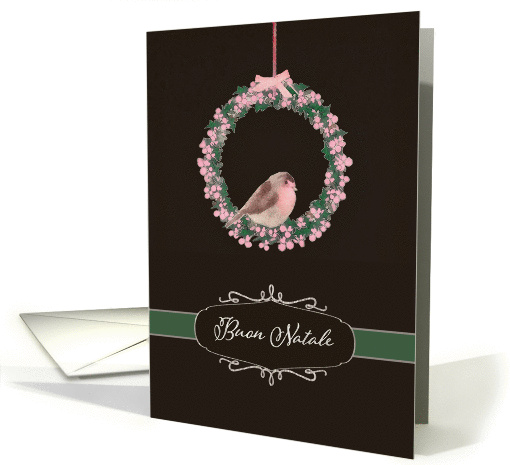 Merry Christmas in Italian, robin and wreath, illustration card