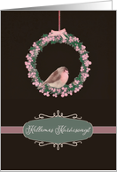 Merry Christmas in Hungarian, robin and wreath, illustration card