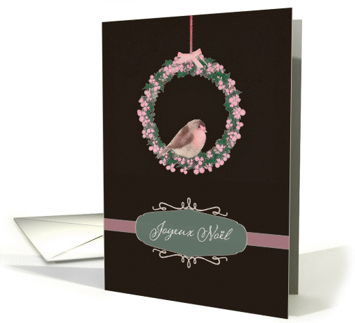 Merry Christmas in French, robin and wreath, illustration card