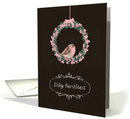 Merry Christmas in Flemish, robin and wreath, illustration card