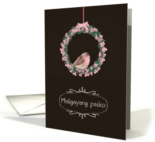 Merry Christmas in Filipino, robin and wreath, illustration card