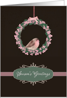 Season’s Greetings, robin and wreath, Chalkboard illustration card