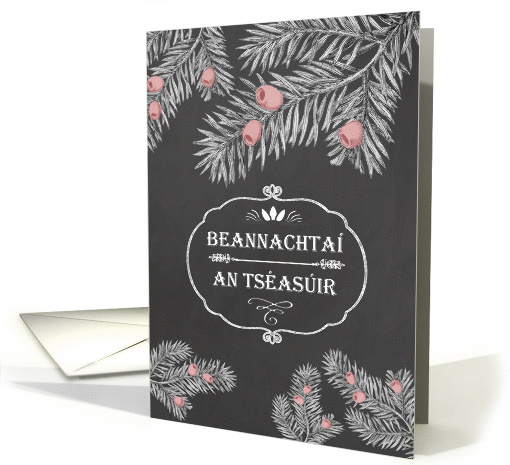 Merry Christmas in Irish Gaelic, Yew Branches, Chalkboard effect card