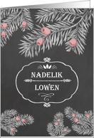 Merry Christmas in Cornish, Yew Branches, Chalkboard effect card
