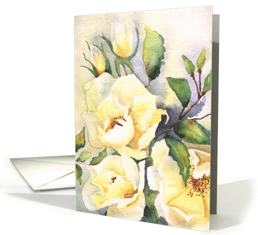 Happy Birthday, delicate white roses, watercolor painting card