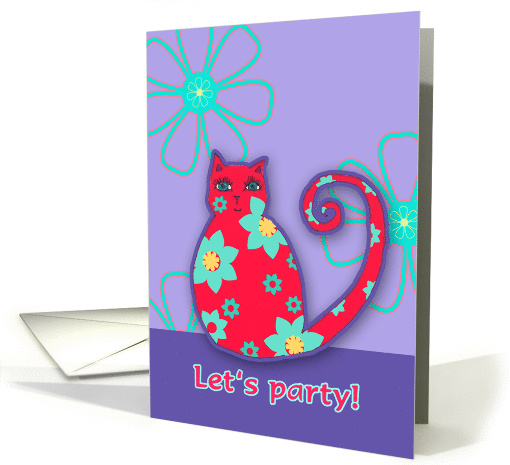 Let's party! party invitation, cat with funky flowers card (173548)