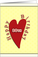 happy 20th birthday, red heart on yellow background card