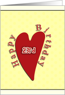 happy 23rd birthday, red heart on yellow background card