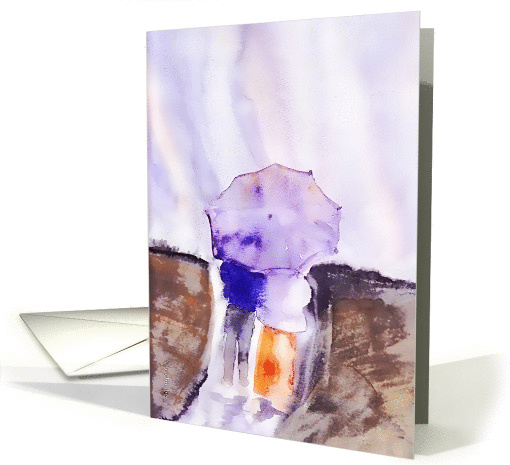 Happy Anniversary, couple under umbrella, watercolor painting card