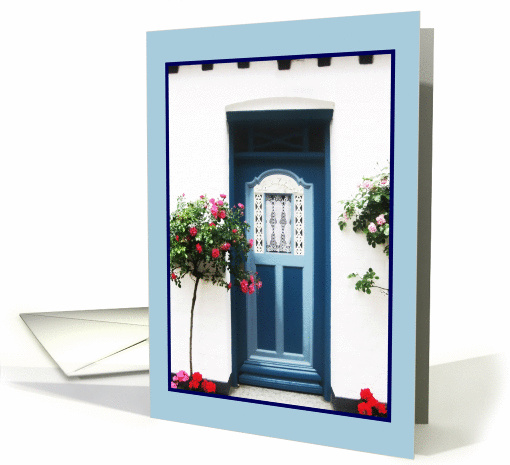blue door, rose bushes, old house, photograph, blank note card