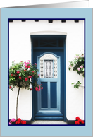 blue door, rose bushes, old house, photograph, blank note card