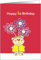 happy 1st birthday, cute little bear with flowers card