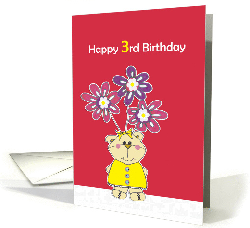 happy 3rd birthday, cute little bear with flowers card (188451)
