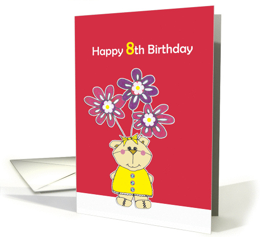 happy 8th birthday, cute little bear with flowers card (188494)