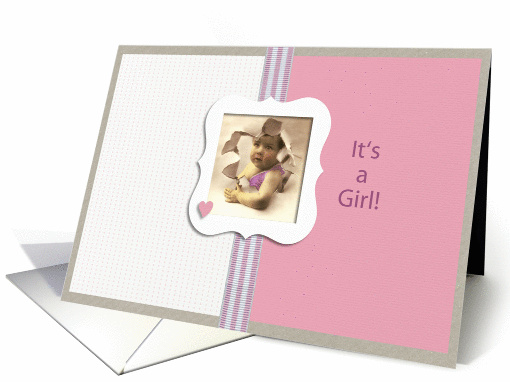 it's a girl, birth announcement girl, vintage photo, pink heart card